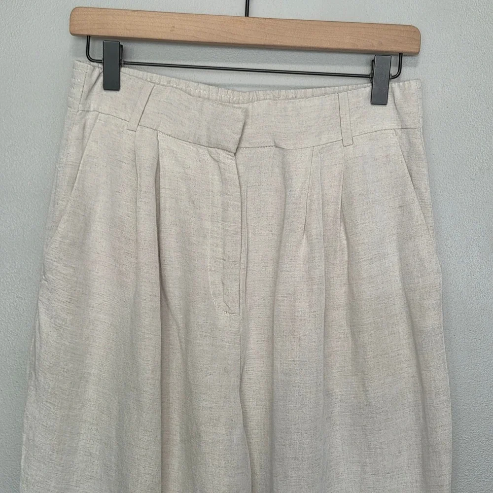 H&M Wide Leg Linen Pants Women Size 6 Beige Pleated High Waist Trousers Minimal